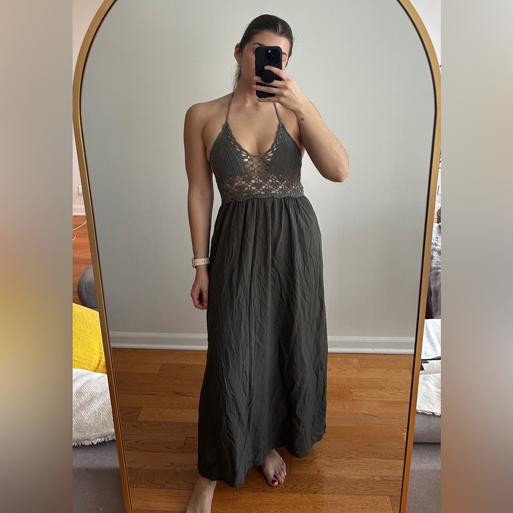 Olive Green Boho Crochet Strappy Maxi Dress